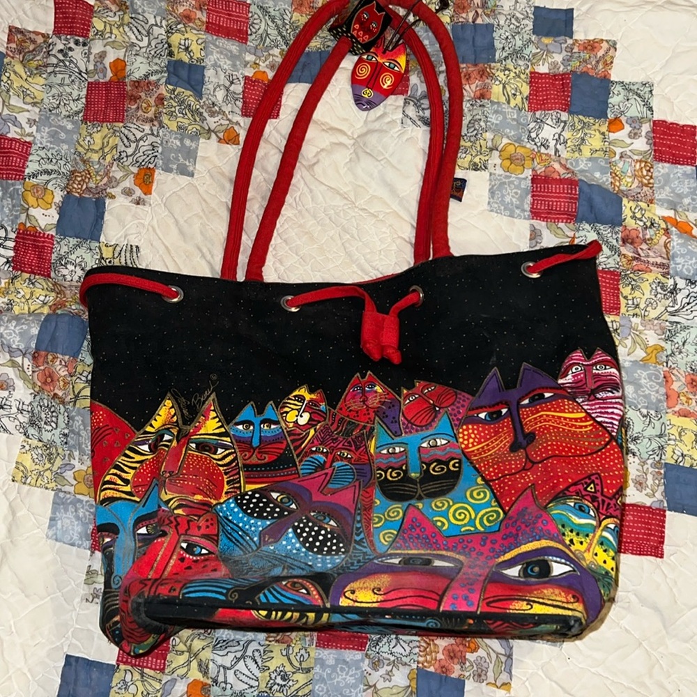 Vintage Laurel Burch cat print tote bag